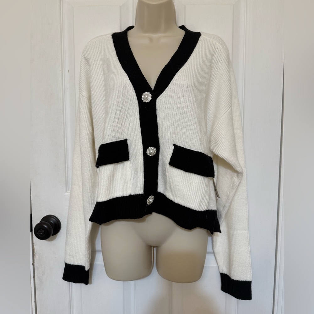 NWT Laundry by Shelli Segal Contrast Trim Pearl Button Cardigan Sweater Large - Picture 2 of 8